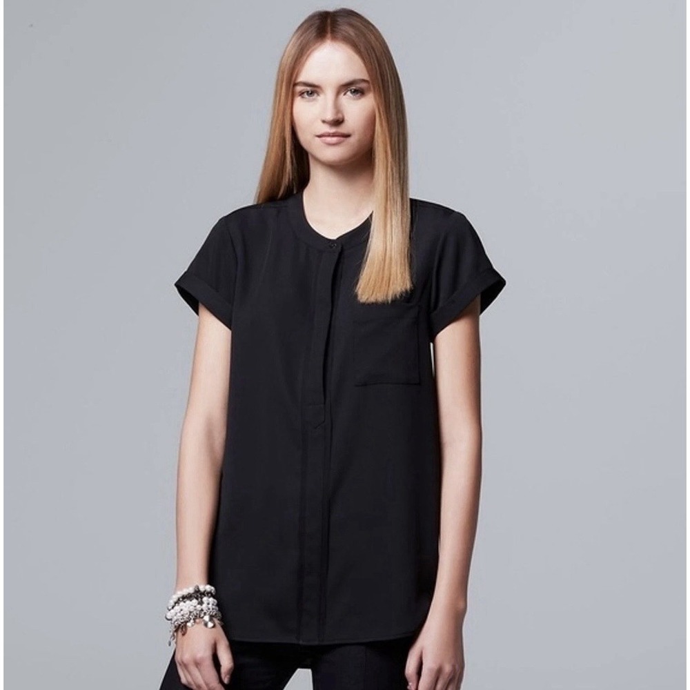 Simply Vera Wang Popover Blouse Size XL Black Short Sleeve Pocket Hi Low Top